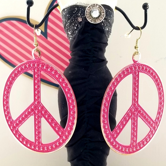 Large Pink Peace Sign Earrings new - Picture 2 of 8